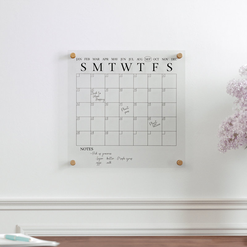 Clear Acrylic Monthly Wall Calendar with Black Print and Dry Erase Marker