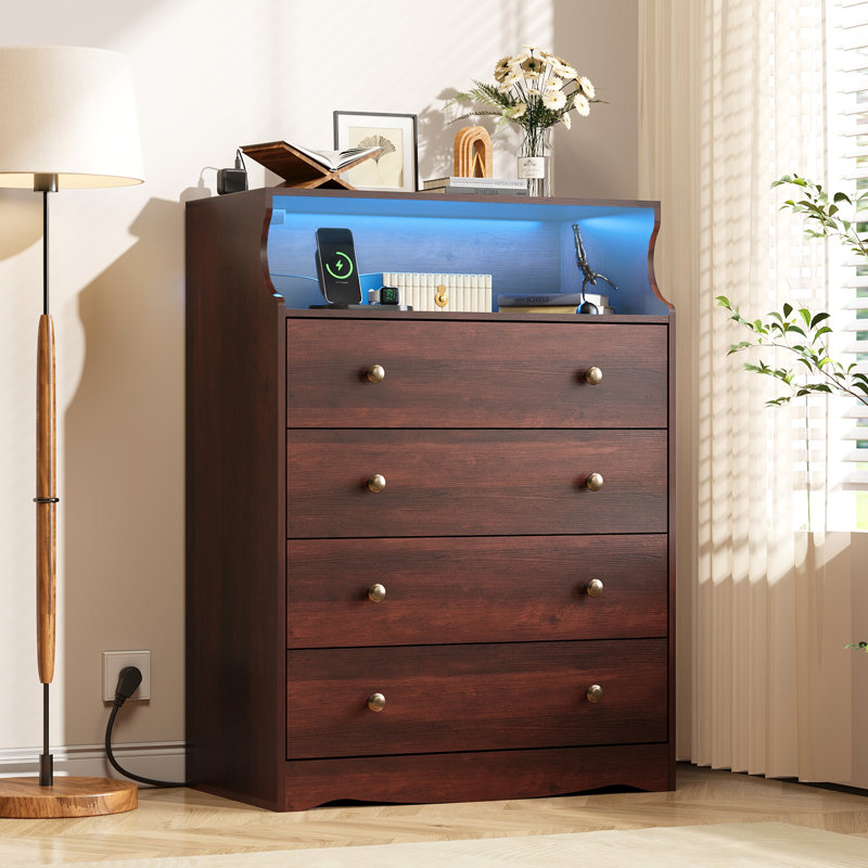 Grantville 38'' Tall 4-Drawer LED Dresser with Charge Station & Open Shelf, USB & AC Power Outlet, 27.56''W Espresso Vertical Dresser with Adjustable LED Lights, Large Storge Chest for Bedroom, Hallway, Closet