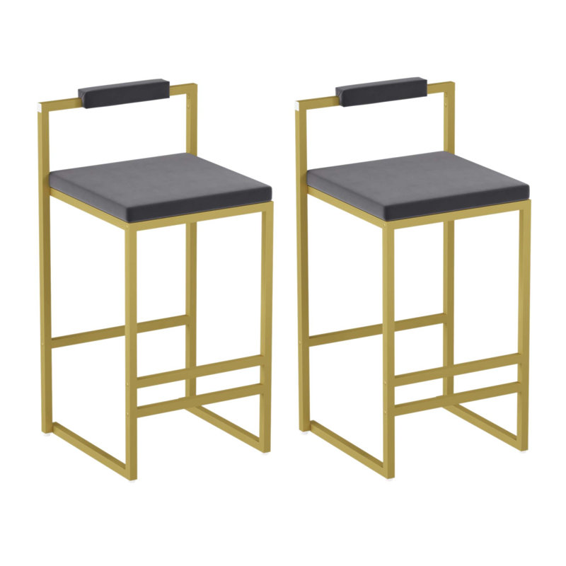 Set Of 2 Bar Stools With Backrest & Footrest, Counter Height Velvet Upholstered Dining Chairs For Kitchen Island