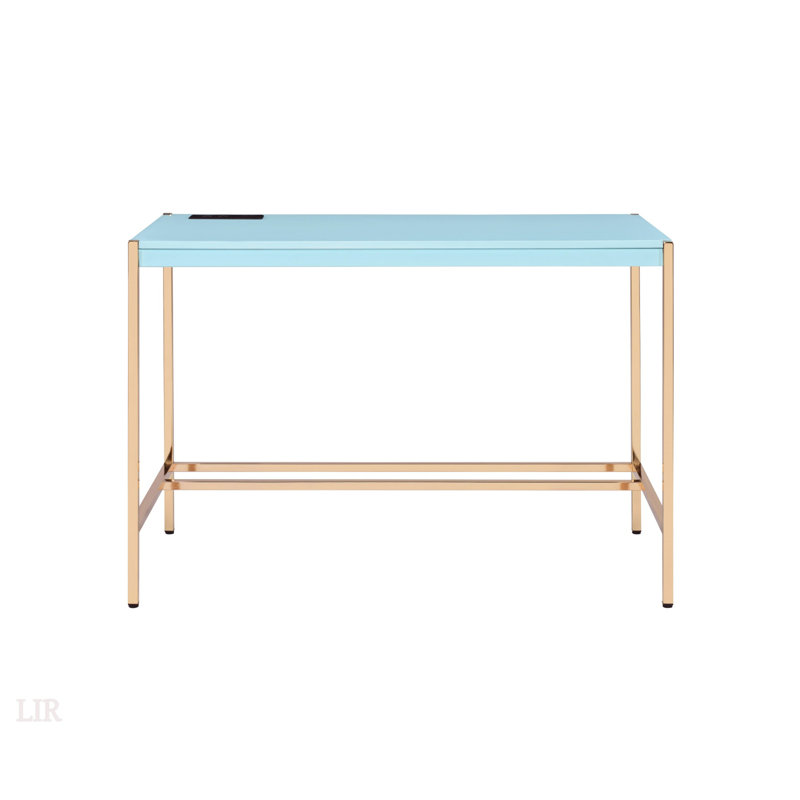Baby Blue And Gold Writing Desk With USB Ports, High Gloss Finish, Spacious And Uncluttered Workspace For Modern Home Offices.