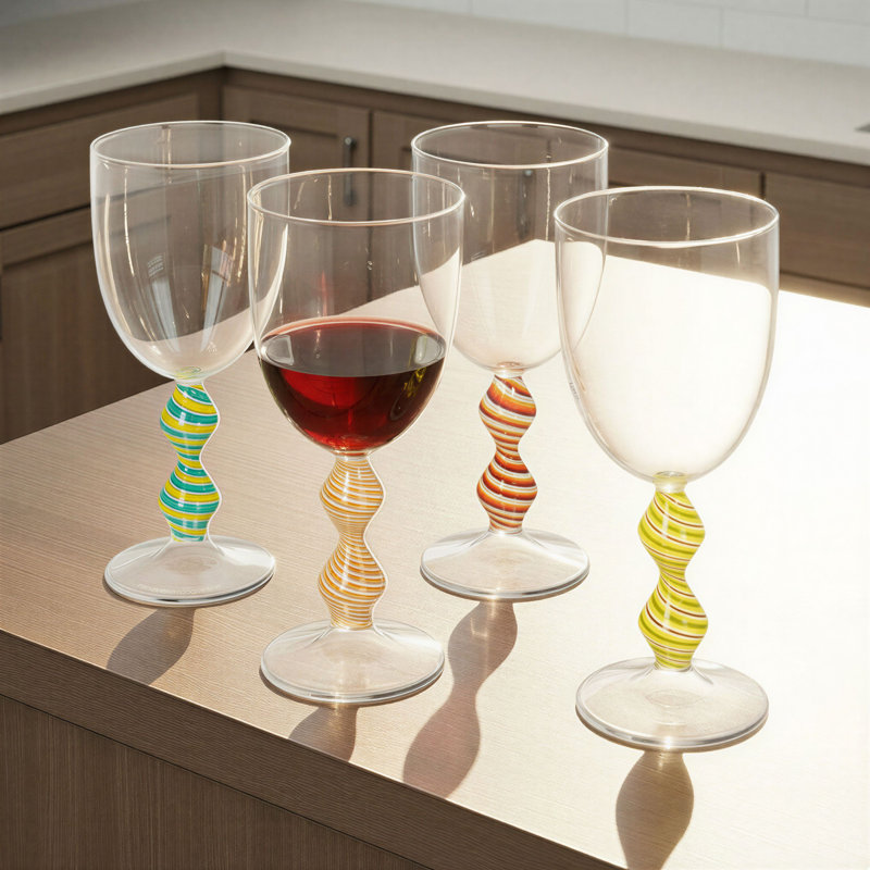 Hand-Blown Wine Glasses With Shaped And Striped Stems