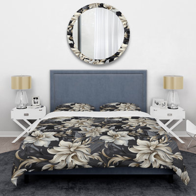 Deep Black Silver Flowers Elegance - Ensemble de housse de couette glam