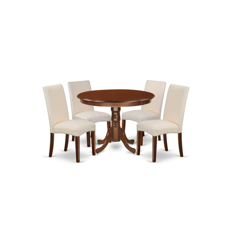 5 Piece Dining Set Includes a Round Dining Room Table with Pedestal and 4 Cream Linen Fabric Upholstered Parson Chairs, Mahogany