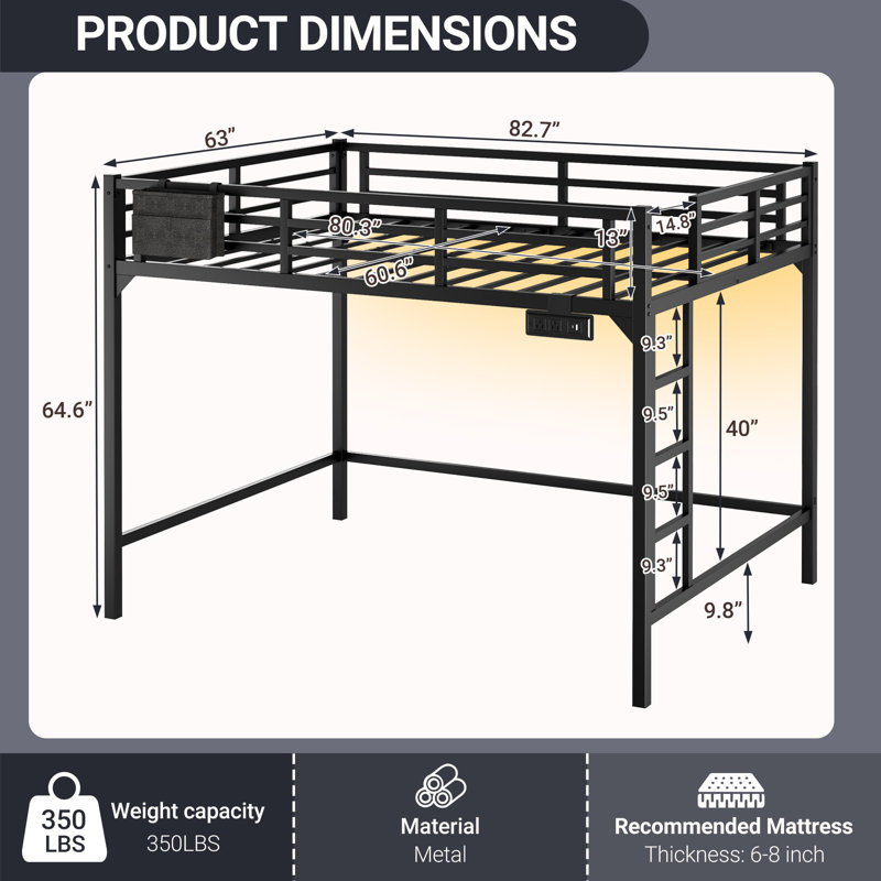 Queen Size Metal Loft Bed with Charging Station and LED Light, Space-Saving Design, Queen