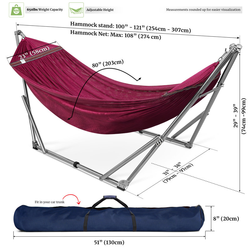  Double Hammock with Stand 650lb Capacity Double Hammock with Spreader Bar, Solid Grade 201 Stainless Steel 30s Set Up, Sturdy Flexible Portable, Outdoor Indoor, Red