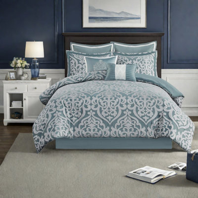Ensemble de literie luxueux en jacquard turquoise et argenté 8 pièces pour très grand lit