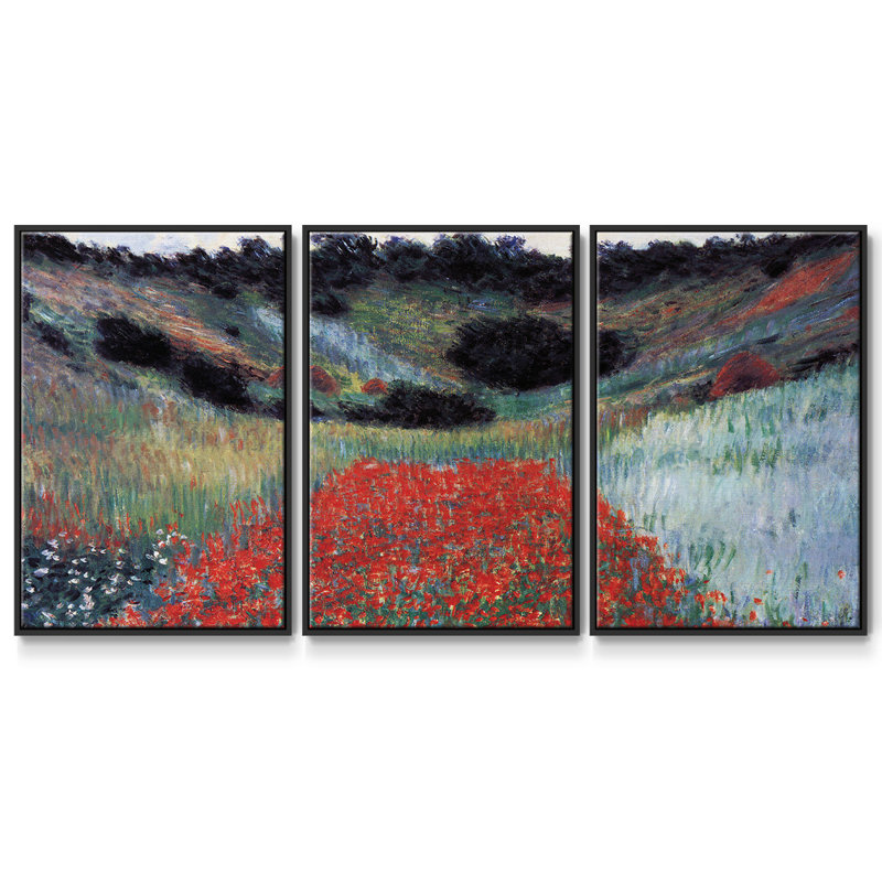 «Poppy Field In Giverny» par Monet, encadré sur toile, 3 pièces, H 24 po x l 48 po x P 2 po, Noir