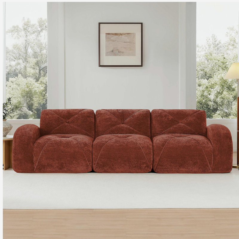 Canapé 110 po sans tissu avec velours doux et capitonné, canapé modulaire modulaire, éponge haute densité 32D, conception antidérapante, fond ergonomique, aucun assemblage requis, pour le cinéma maison, rouge-brun