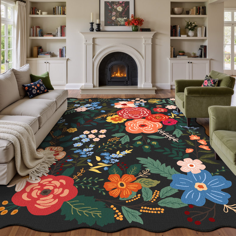  Tapis cerise lavable à la machine à motif floral noir, Rectangulaire 8 pi x 10