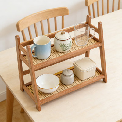 Organisateur de tasses et de tasses en bambou à 2 niveaux, étagère de comptoir pour la cuisine, le bar à café et le rangement de la salle de bain avec clôture sécurisée et conception ventilée