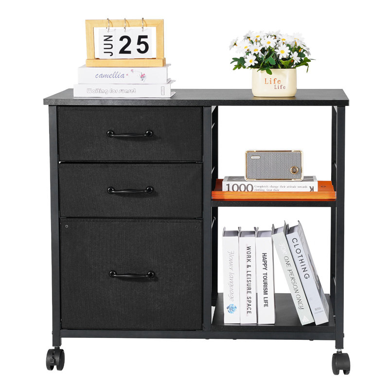 Classeur mobile en métal avec 3 tiroirs en tissu et 2 tablettes ouvertes noires, Noir