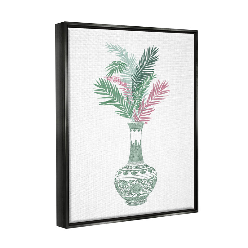 Vase à motif botanique orné par estampe numérique par Ziwei Li, Cadre flottant noir de jais, H 21 po x l 17 po x P 1,7 po