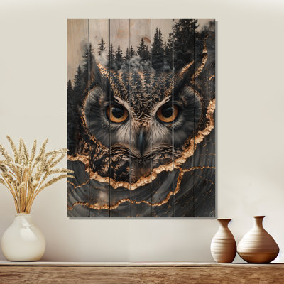 Owl Into Onyx Stone Forest Landscape II - Owl Animal Wood Wall Art - On Natural Pine Wood