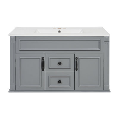 Gray French Style Floating Bathroom Cabinet 36W with Soft Close Hinges and Ceramic Basin