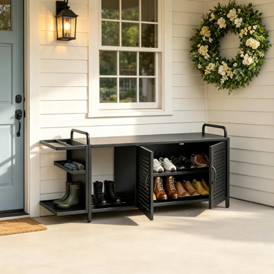 Metal Porch Shoe Cabinet Storage Bench with Umbrella Holder