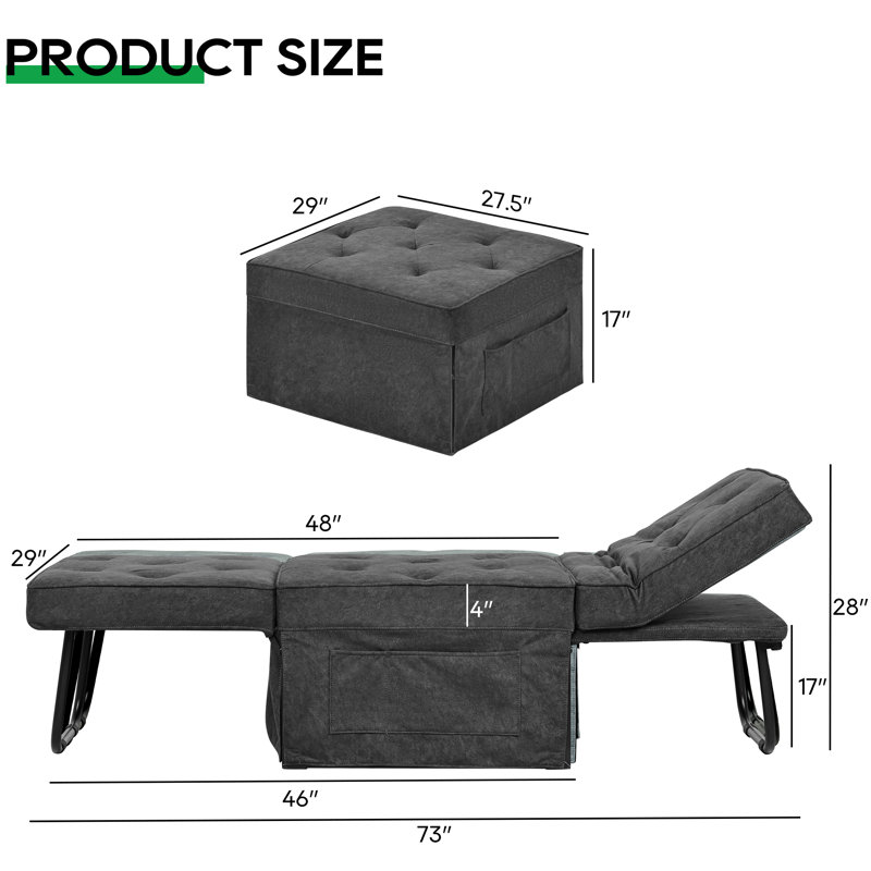 Bocanegra 73'' Length  4-in-1 Multi-function Convertible Folding Sofa Bed Ottoman, Dark Gray