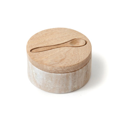 Cave à sel Ben & Jonah 80% marbre, 15% bois de manguier, 5% métal (aimant) avec couvercle en bois et cuillère autonome - base ronde en marbre de 4 po pour comptoir de cuisine
