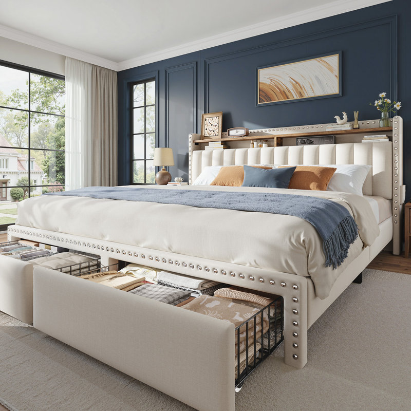 Francille Upholstered Bed Frame with 2 Drawers, 2-Tier Storage Headboard with Side Pockets, Beige, King