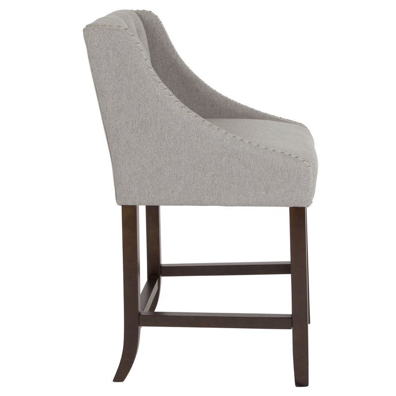Light Gray Tufted Walnut Wood Counter Stools with Nail Trim, Set of 2