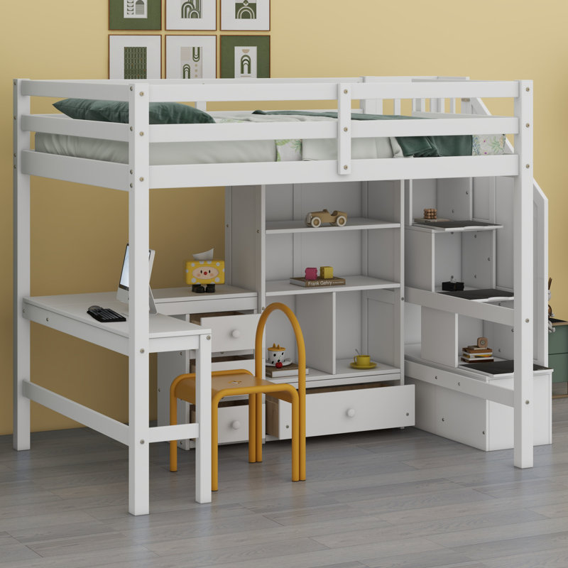 Lit mezzanine avec bureau en L et tiroirs, armoire et escalier de rangement, blanc
