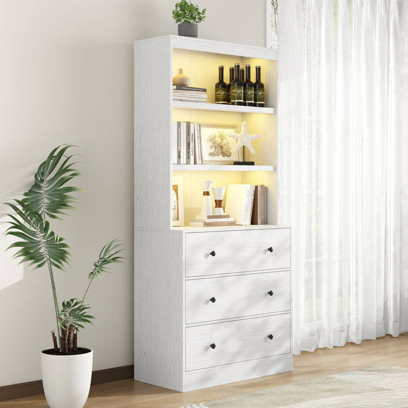 71"H Book Cabinet Storage Bookcase with USB & Type-C Charging Ports and LED Lights, White