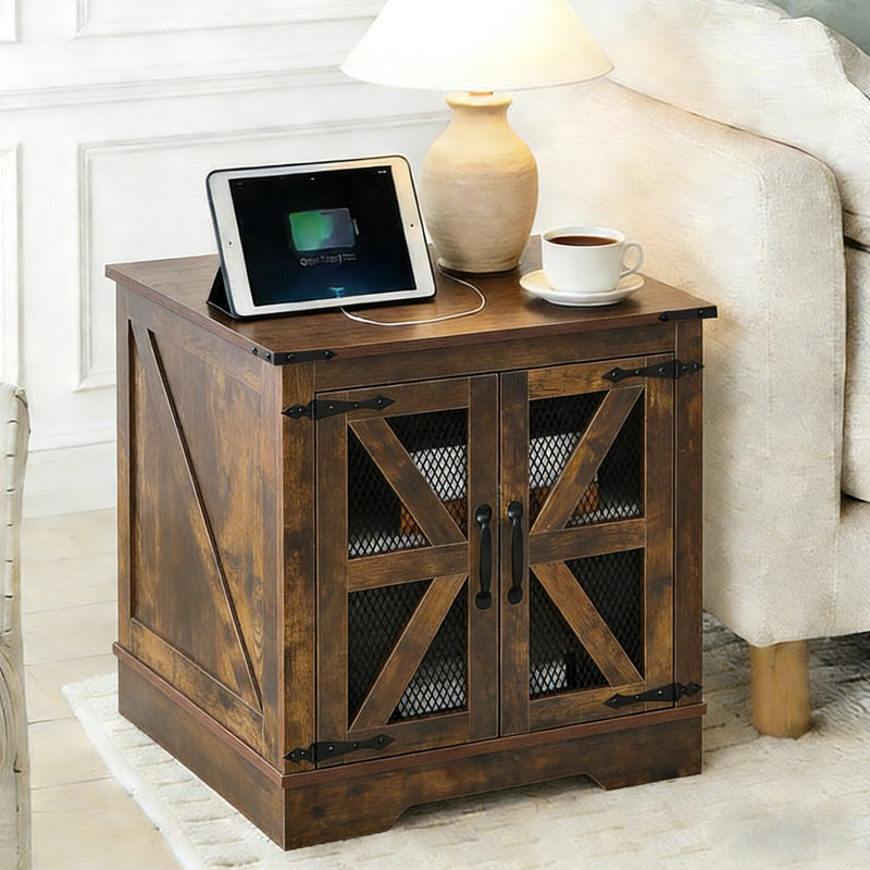 Farmhouse End Table with Charging Station - Nightstand with 2 Outlets & 2 USB Ports - Vintage Industrial Side Table, Brown