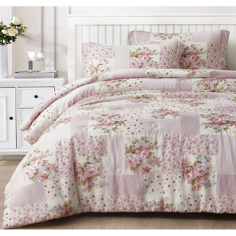 Full Size Pink Floral Cotton Reversible Comforter Set