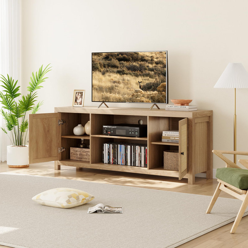 TV Stand For 75 Inch TV, Rattan Entertainment Center With Storage, Wood TV & Media Console, 66"
