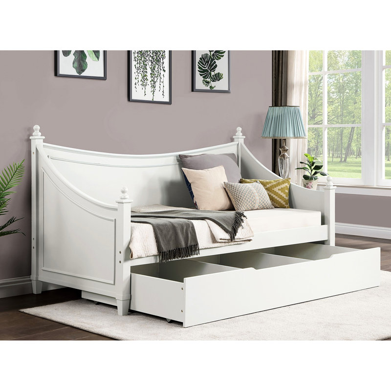 Lit de jour simple blanc de style transitionnel, détails de moulures, conception d'affiche avec fleurons, structure en bois massif, installation pour matelas pour les petits espaces