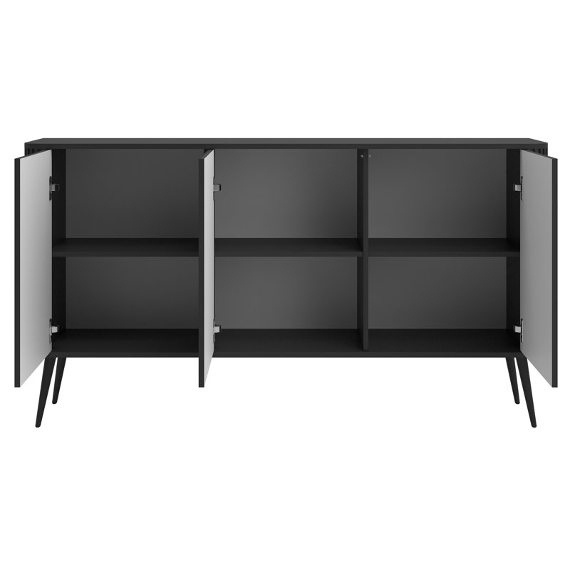 Three-Door Fluted Chest of Drawers Black with Legs, Black
