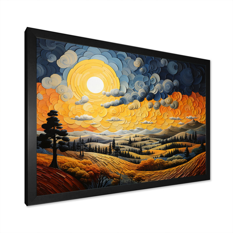 «Countryside Yellow and Blue Hills Patchwork I», reproduction sur toile, H 24 po x l 32 po x P 1 po, Cadre simple noir
