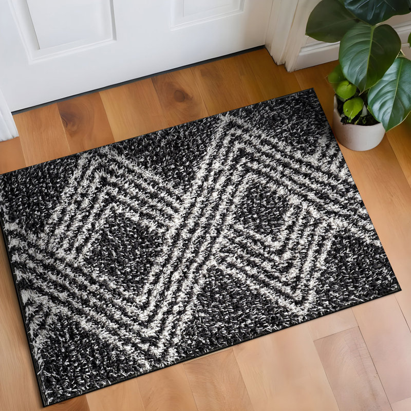Abstract Geometric Pattern Shag Rug – Anthracite Dark Gray – Medium Pile, Durable & Stylish, Rectangle 2' x 3'