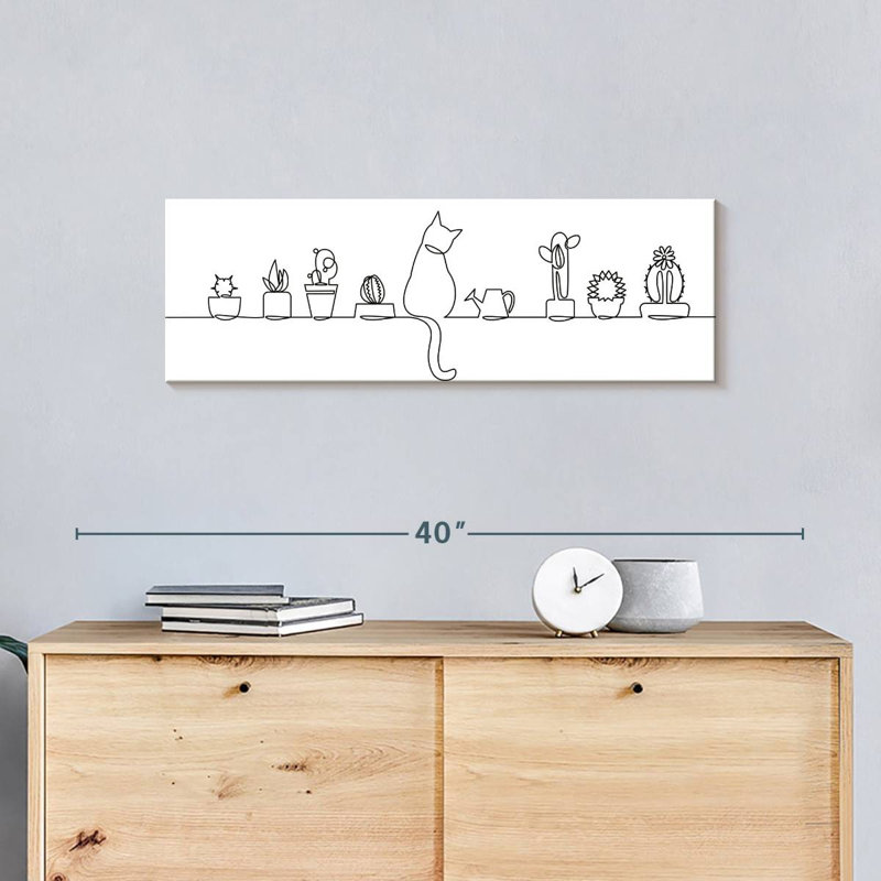 Chat et cactus - reproduction sur toile tendue, H 10 po x l 30 po x P 1,25 po