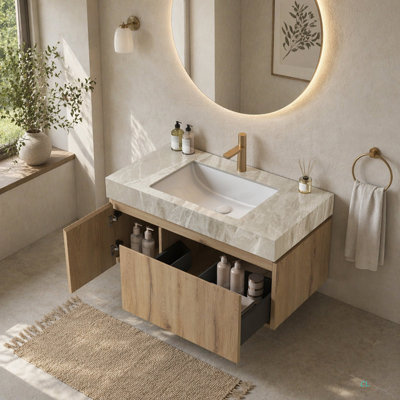 MURI 36" Bathroom Vanity With Sink, Floating Wall-Mounted Plywood Bathroom Storage Cabinet With Drawer & Door, Sintered Stone Countertop With Basin, Pre-Assembled