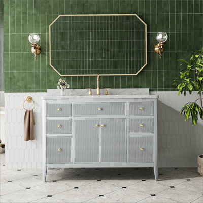 Ensemble de meuble-lavabo autoportant 48 po entièrement assemblé en bois massif avec plateau en marbre d'ingénierie entièrement assemblé