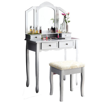 Coiffeuse en bois argentée - Table de maquillage avec rangement pour la finition des bijoux, quatre boîtes et miroir
