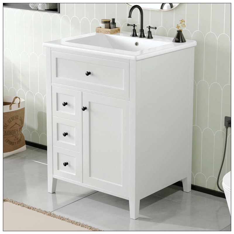 Armoire de salle de bain en bois d'hévéa avec 3 tiroirs et tablettes réglables, White