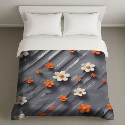 Housses de couette orange, fleurs blanches