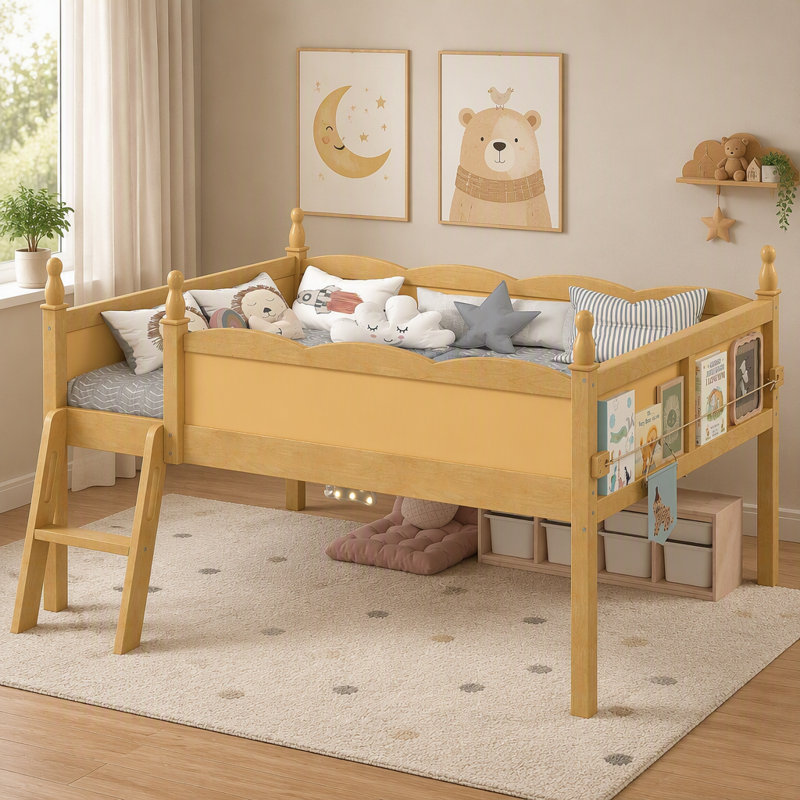 Lit mezzanine en bois avec barrières de sécurité, échelle et tablette de chevet, Double, Naturel