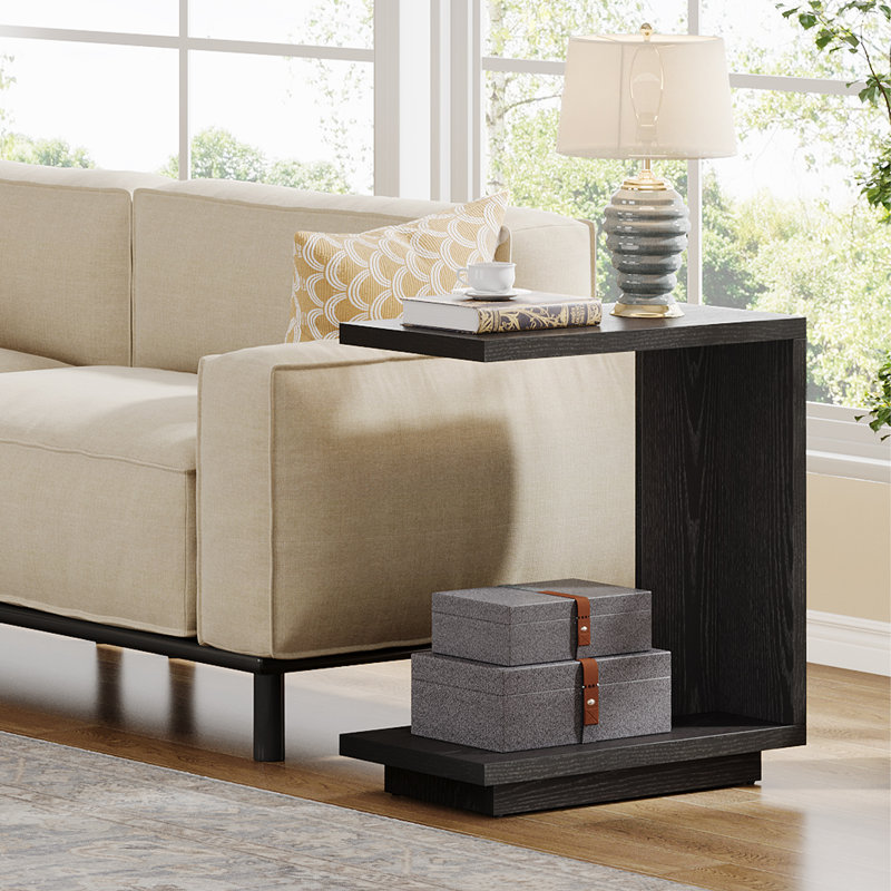 C-shaped Side Table Set  Of 2, 2-tier Narrow End Table Wood Bedside Table Nightstand