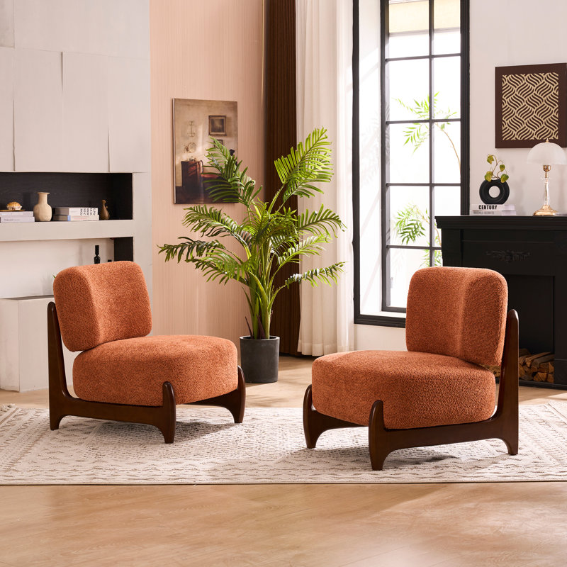 30"W Boucle Armless Upholstered Accent Chair With Solid Wood Leg, Orange