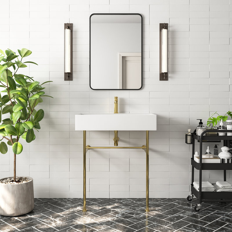 Rectangular 30 Ceramic Console Sink White Basin with Overflow Single Faucet Hole, White/Gold