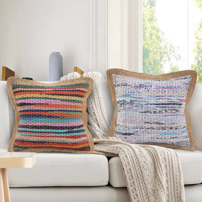 Pastel Striped Cotton and Jute Square Throw Pillow