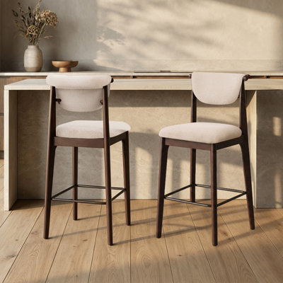 Mid-Century Upholstered Counter Stool with Solid Wood Frame, Curved Scroll Back, Soft Fabric Seat, Modern Kitchen Island Stool