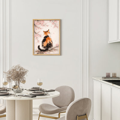 Cat Under Cherry Blossom Framed Wall Art Prints - Soft Floral Animal Scene for Bedroom Living Room