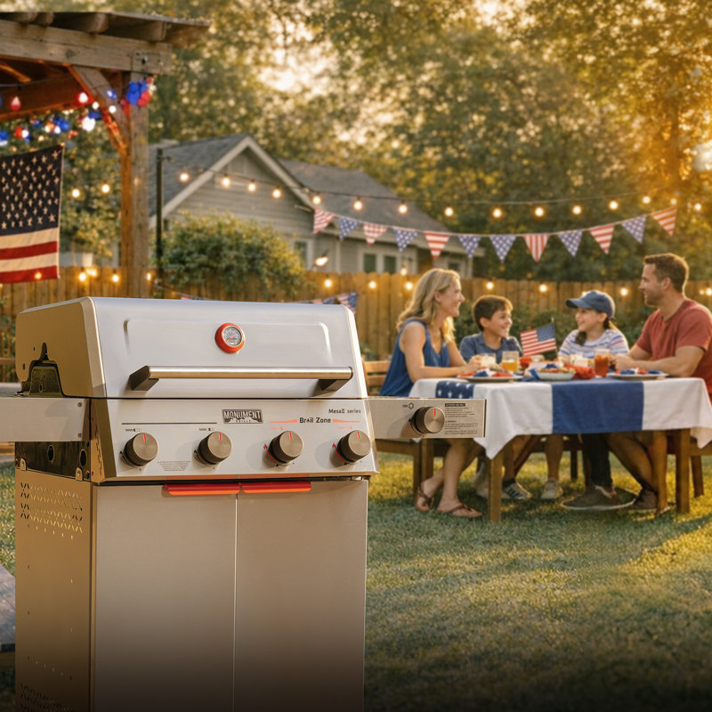 Monument Grills 4 Burner Propane Gas Grill 49000 BTU, Stainless Steel Barbecue Grill with Broil Zone, Cast Iron Grates, Side Burner, Folding Shelves, Flip Rack, Easy Cleanup & Swivel Casters with Locks, Mesa II 415BZ