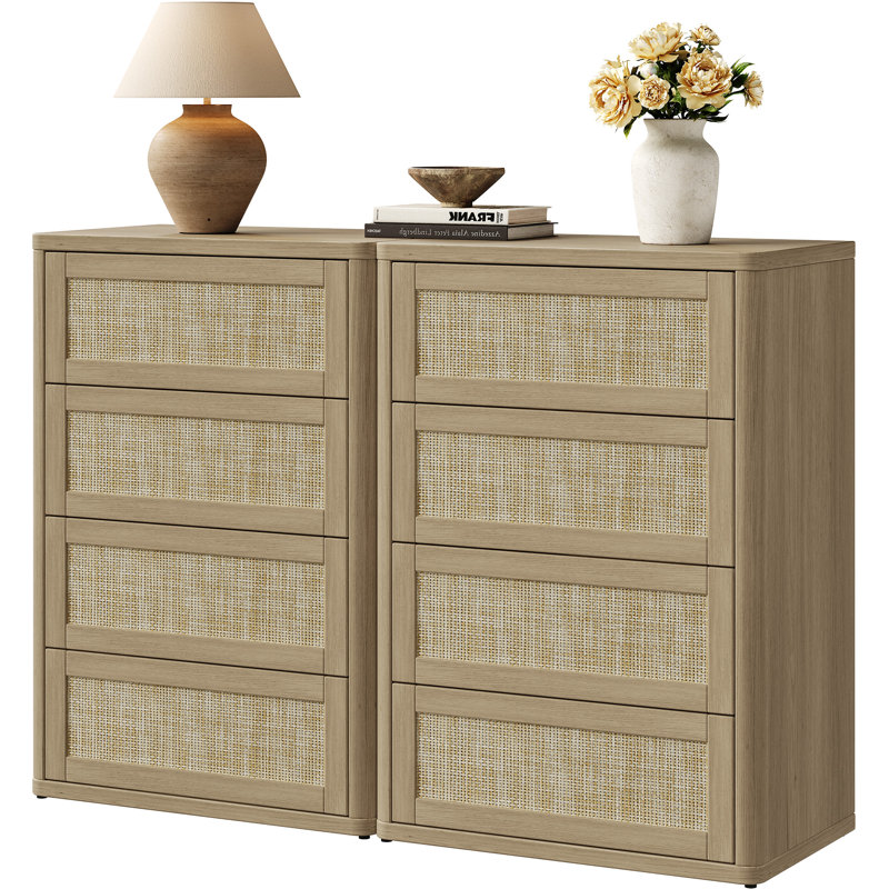Consiglia Boho-Rattan 4-Drawer Dresser, 40.5" Tall Bedroom Storage Chest for Small Spaces, Amber Oak