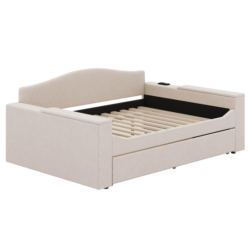 Everlina Full Size Upholstered Daybed with Storage Armrests, Trundle, Beige