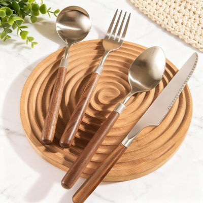 32-Piece Flatware Set For 8 With Wooden Handles, 18/10 Stainless Steel Cutlery Set Including Knives Forks Spoons, Dishwasher Safe Matte Silver Finish For Everyday And Entertaining