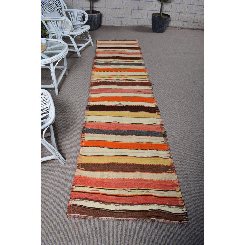 Tapis de style turc à rayures rétro en laine noué à la main dans des tons de beige distinctifs